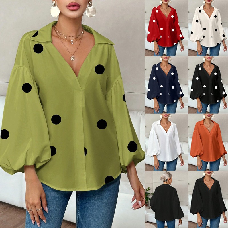 Boho Women's Blouses Spring Fall Polka Dot Half-neck Loose Puff Long-sleeve Top