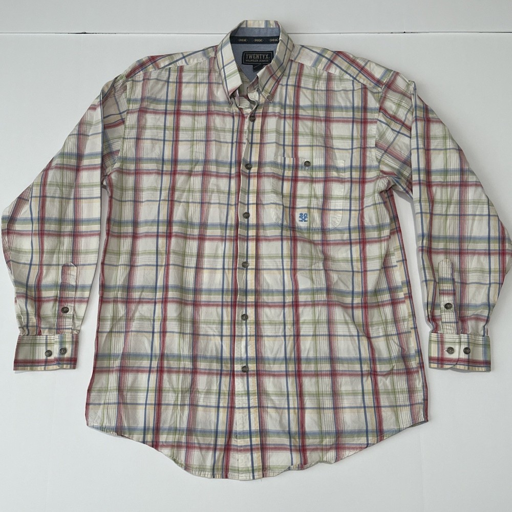 Wrangler 20X Mens Plaid Western Button Down Shirt White Red Blue MJ23179 Medium