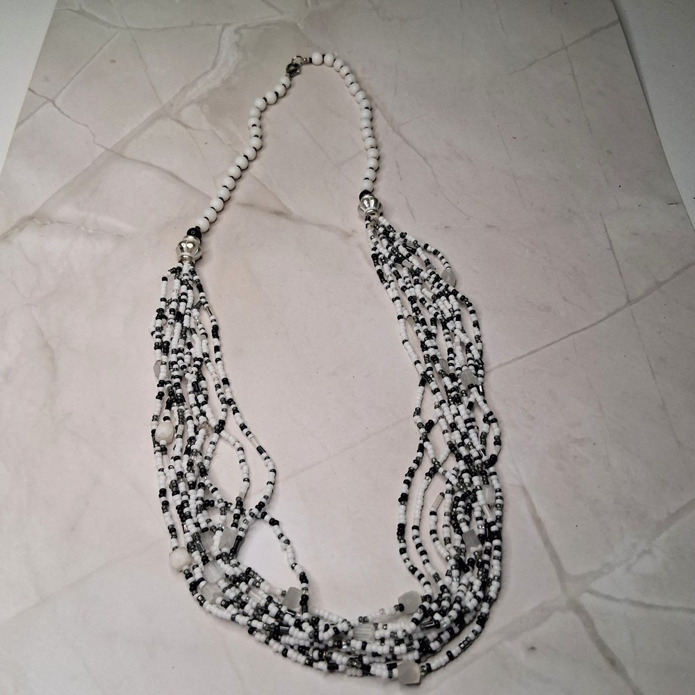 Black & White Seed Bead Multi Strand Necklace Layered Statement Necklace Vintage