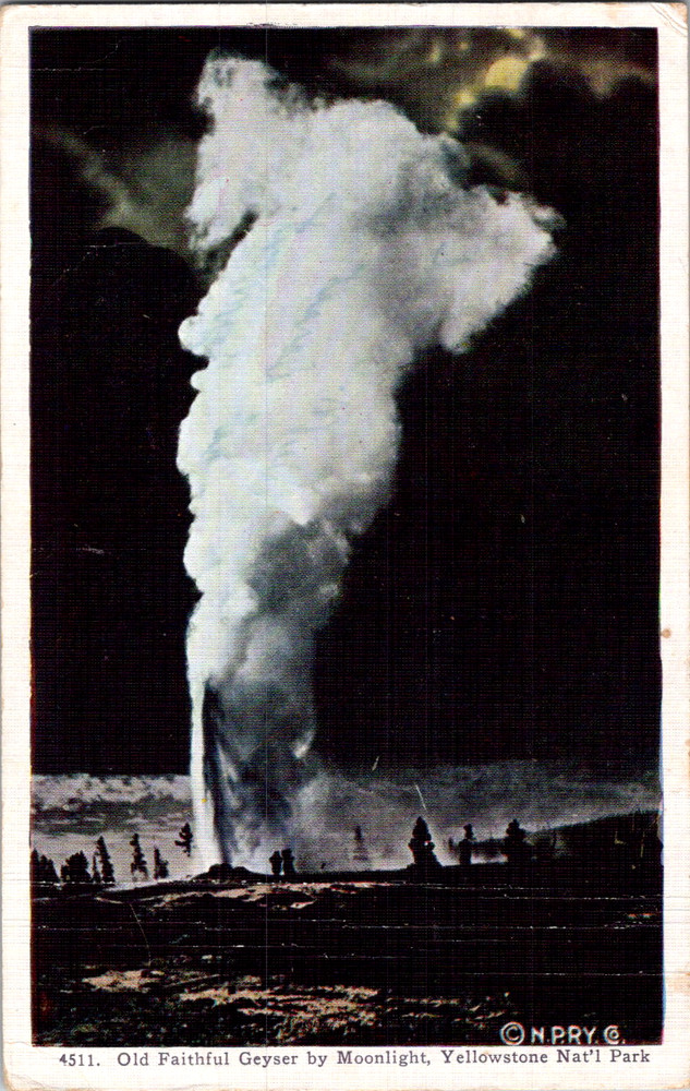 Vintage Postcard Yellowstone Old Faithful Geyser Moonlight Eruption