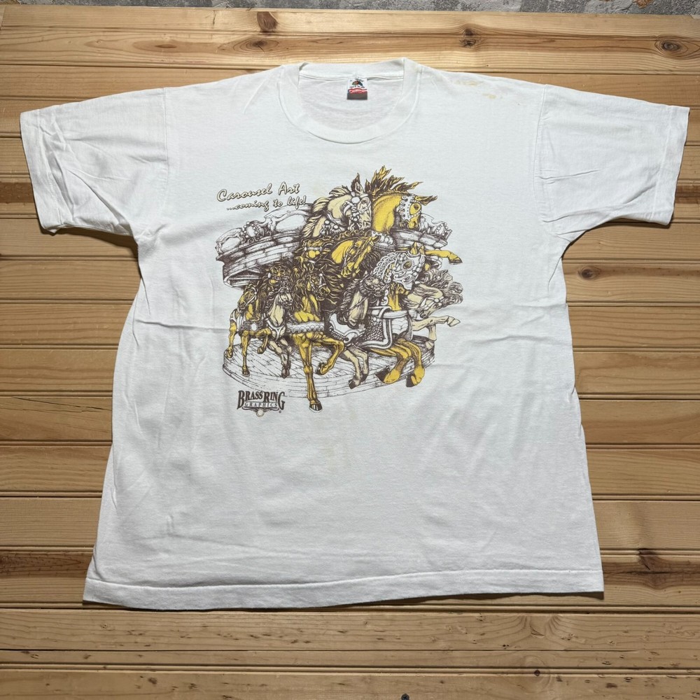 Vintage 90s Brass Ring Carousel Horse Art Coming To Live Graphic Shirt Size XL