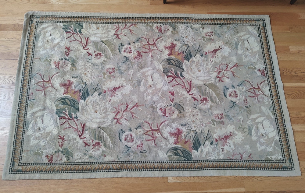 ~Vintage Wool Needlepoint Rug French Aubusson Design 70 Inches x 45