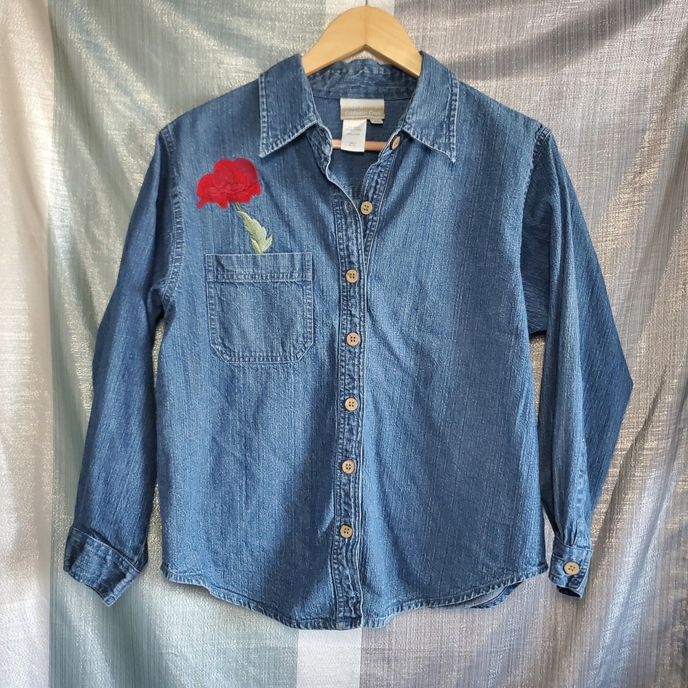 Coldwater Creek Denim Shirt Embroidered Red Roses Blue Cotton Women PM Garden