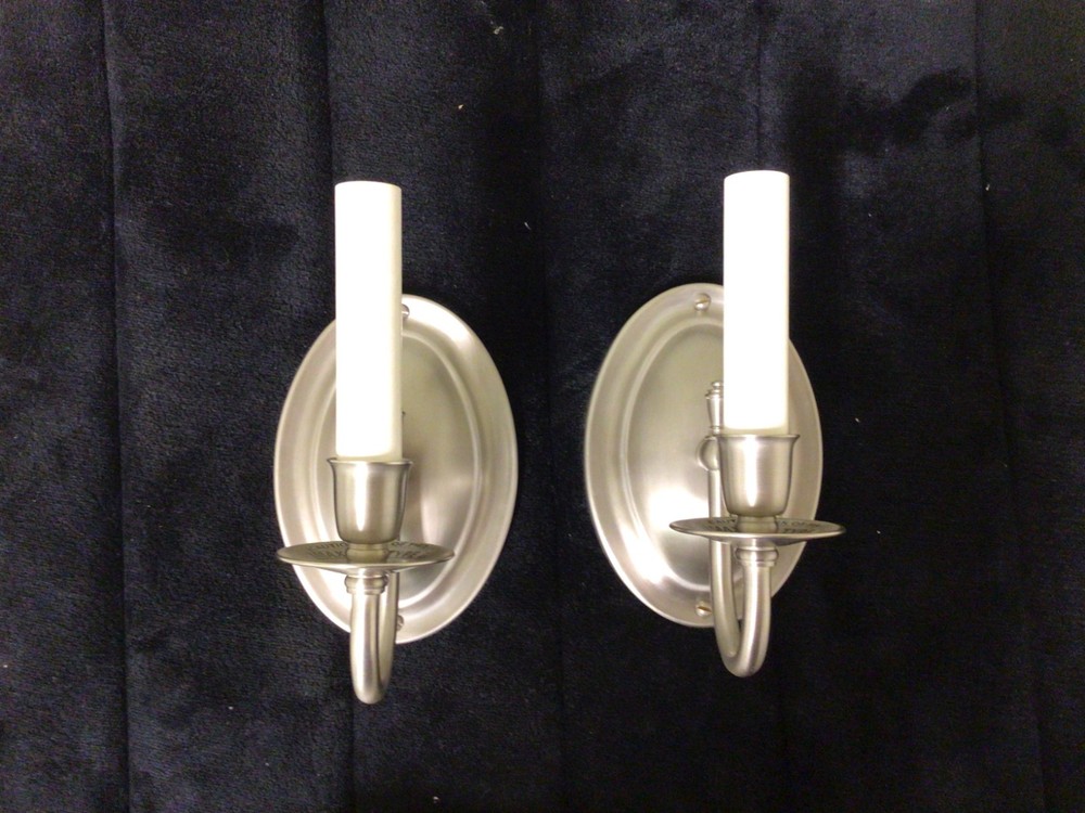 Pair of One Light Curved Arm Sconce With Electric Candle in Brushed Nickel