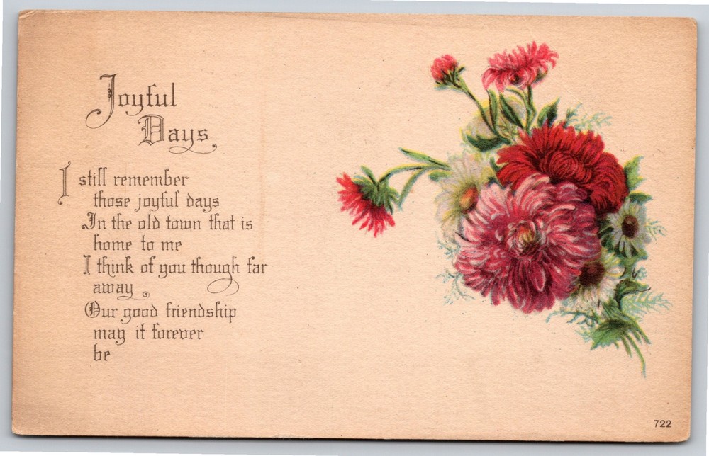 Karle~Red Flowers & Joyful Days Poem~Vintage Postcard