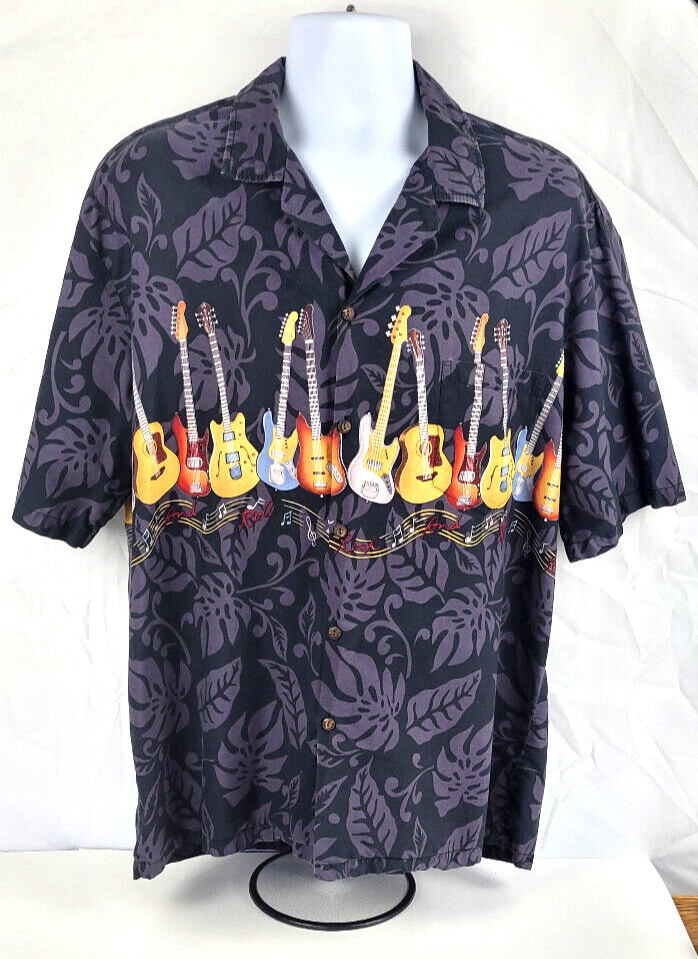 Pacific Legend Hawaiian Guitars Black Cotton Men's 2XL Border Hawaiian Shirt