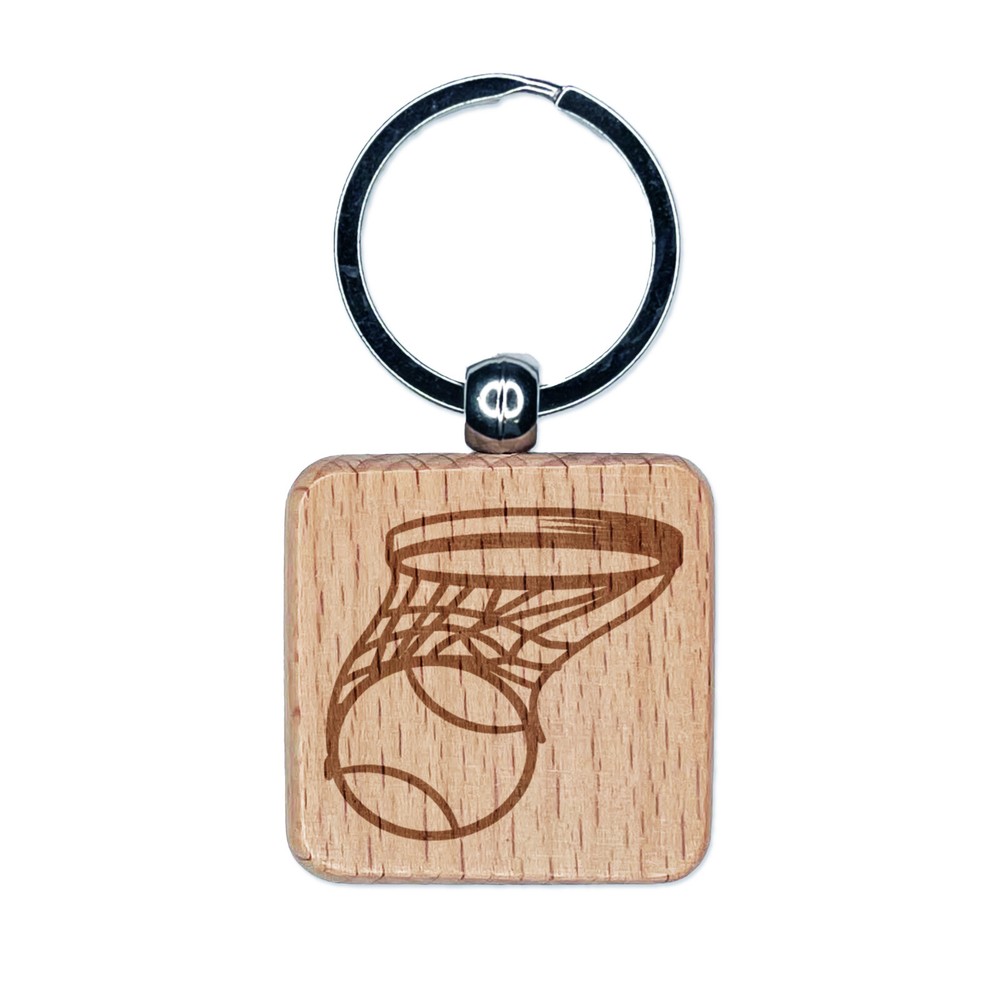 Basketball and Hoop Sketch Engraved Wood Square Keychain Tag Charm