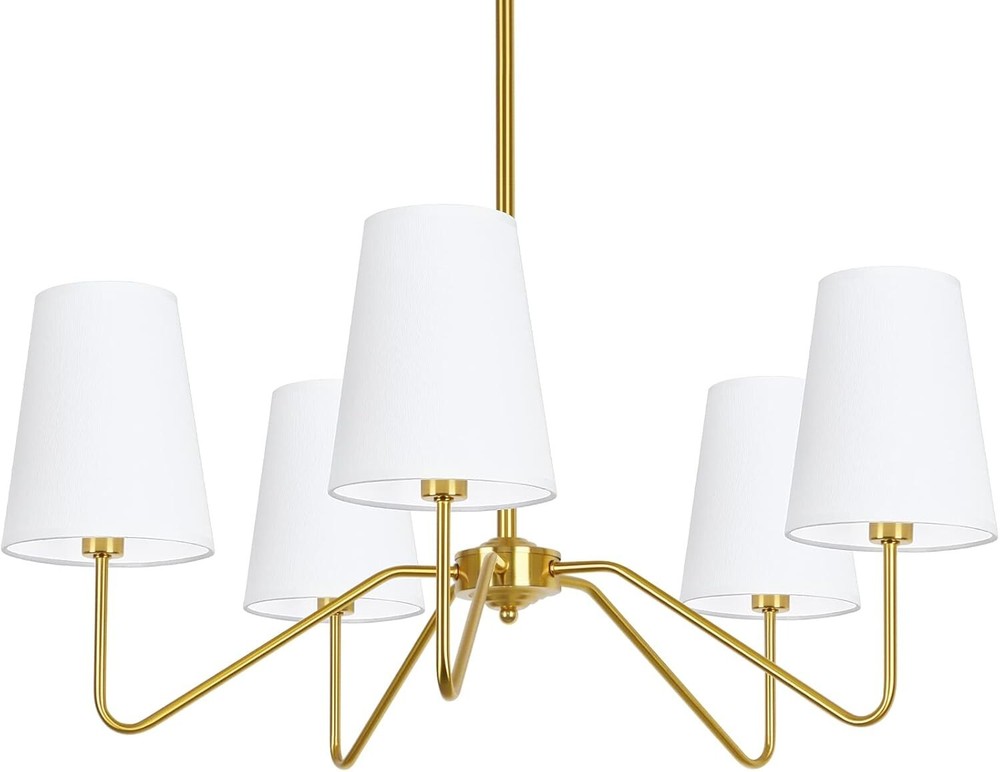 5-Light Modern Chandelier with White Shades, 30” Brass Gold Chandelier for Dinin