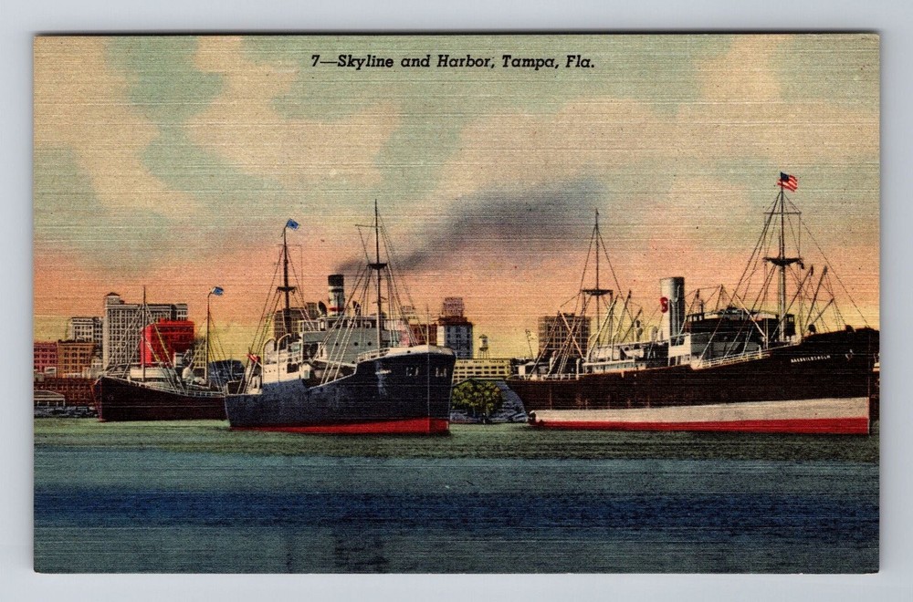 Tampa FL-Florida, Skyline and Harbor, Antique Vintage Souvenir Postcard