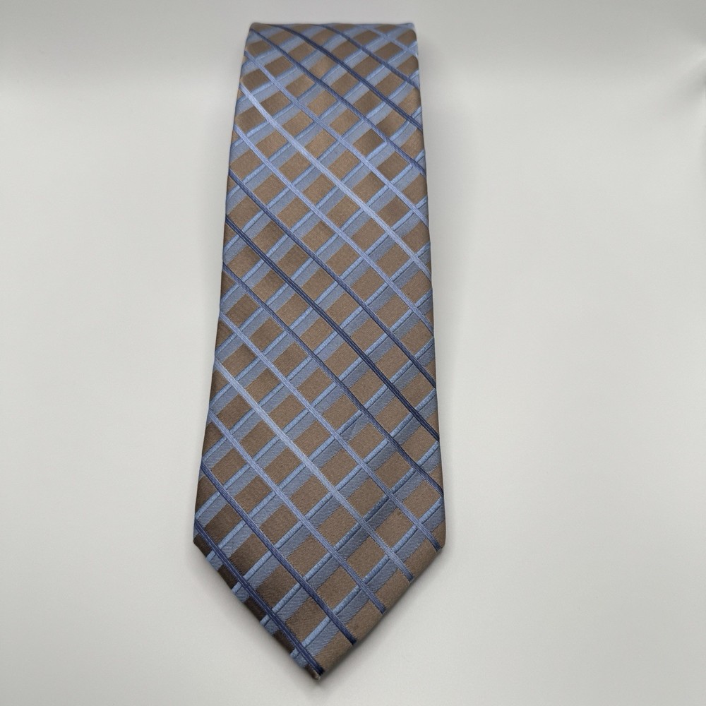 Kenneth Cole Reaction Brown & Blue  Geometric Striped Silk Tie  3.25”x58”