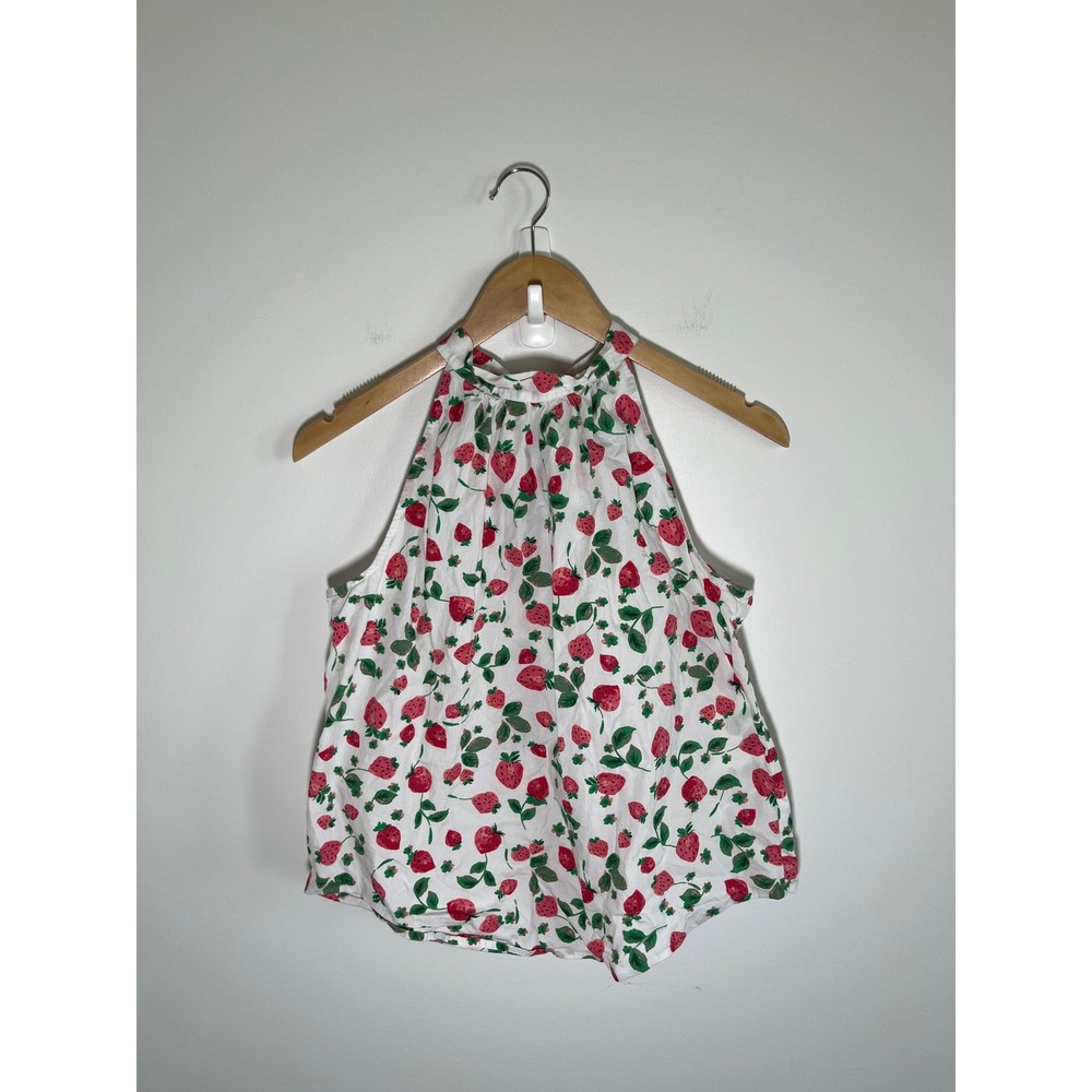J Crew Women Top S Strawberry White Print Cottage Boho Whimsical Summer Vacation