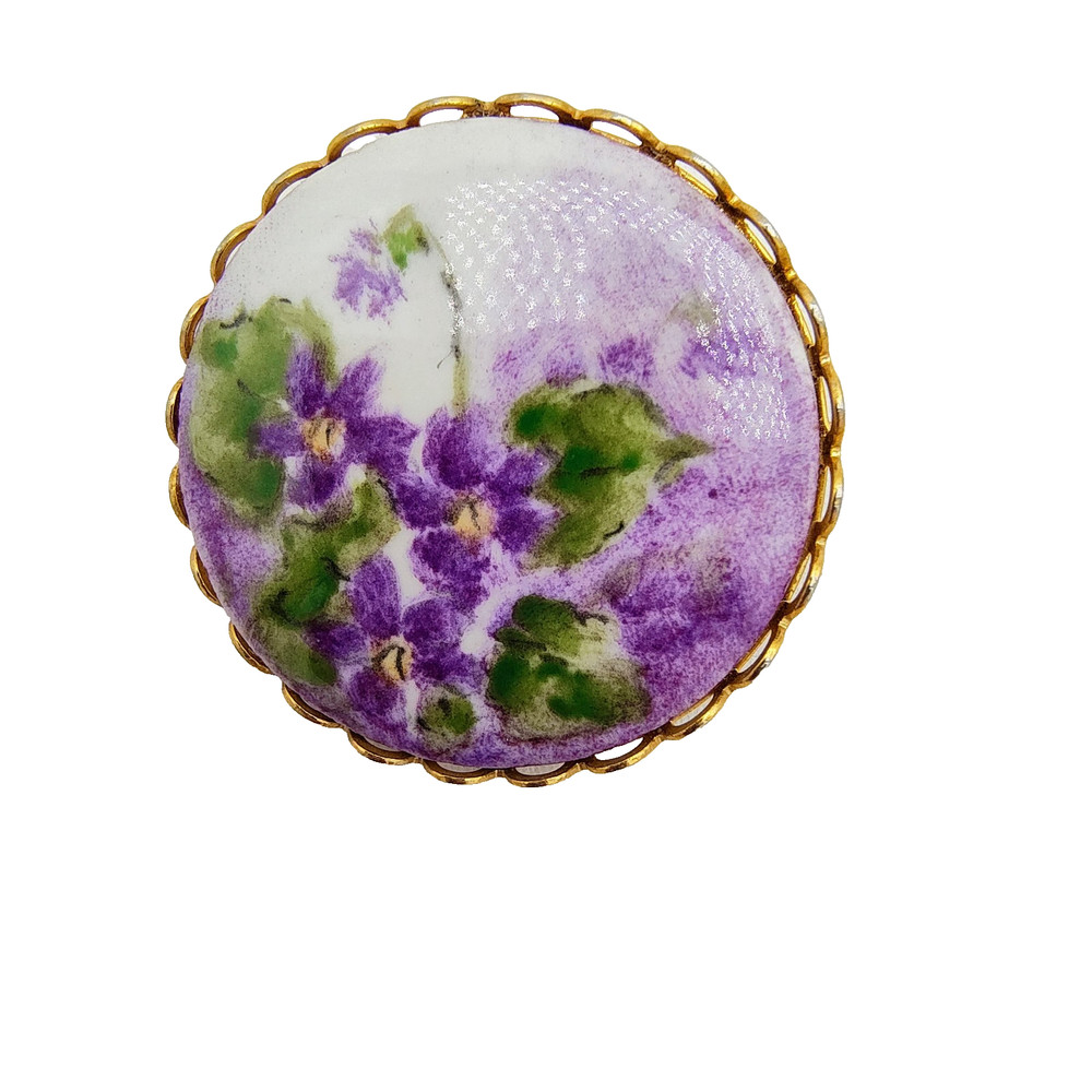 Vintage Hand Painted Porcelain Violet Brooch Victorian Style Flower Cottagecore
