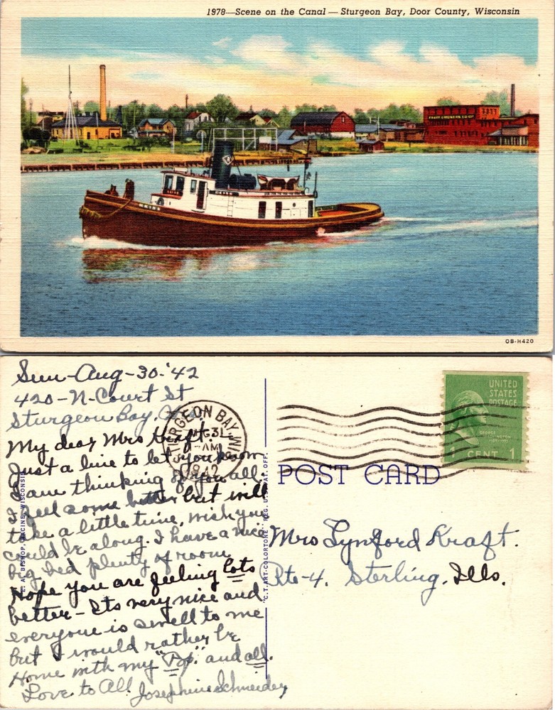 Canal Tugboat Sturgeon Bay Door County Wisconsin WI Postcard