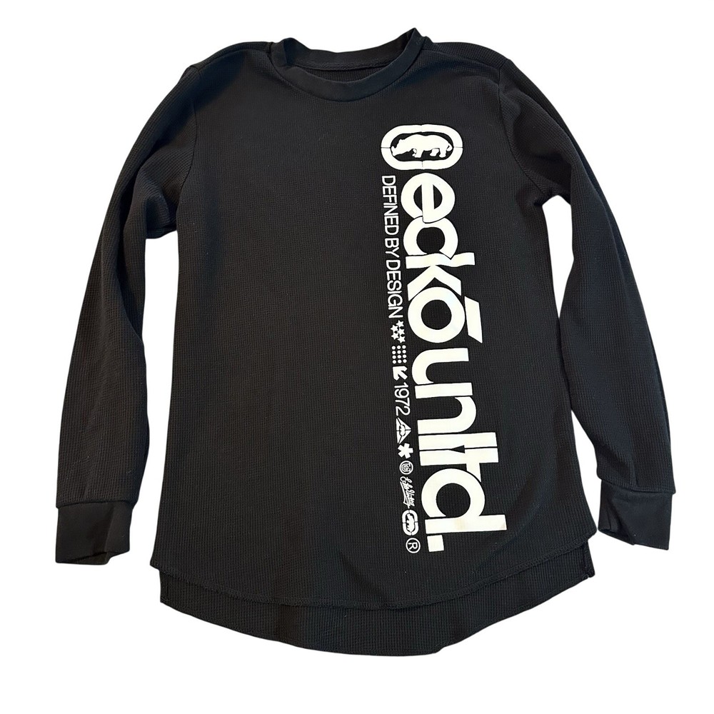 Ecko Unltd Mens Small Black Waffle Knit Long Sleeve Logo Y2K Streetwear