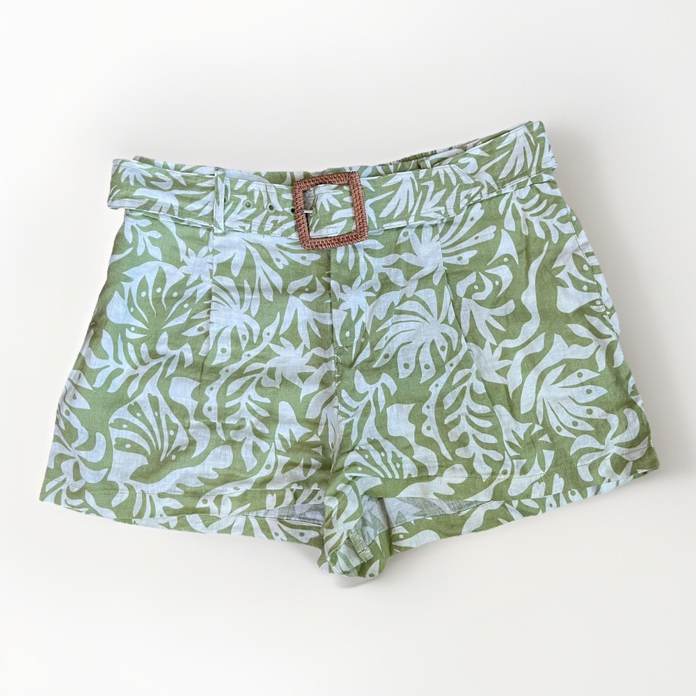 Rachel Zoe Large Green & White Tropical Print 100% European Flax Linen Shorts