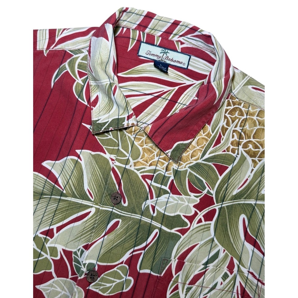 Tommy Bahama Men's L Silk Hawaiian Shirt Red Pineapple Tropical Button Down S/S