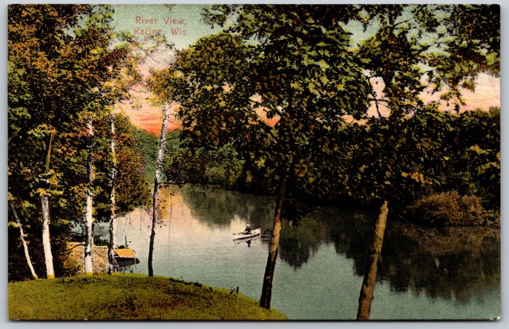1908 River View Racine Wisconsin Boat Scene ANTIQUE Postcard