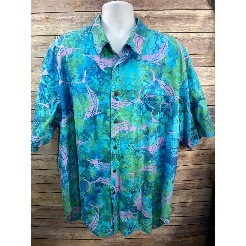 Vintage Straight Down Shirt Mens XL Green Blue Tie Dye Abstract Sword Fish