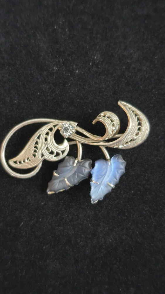 Vintage Western Germany Filigree Brooch Silver Tone Blue Frosted Moled Glass