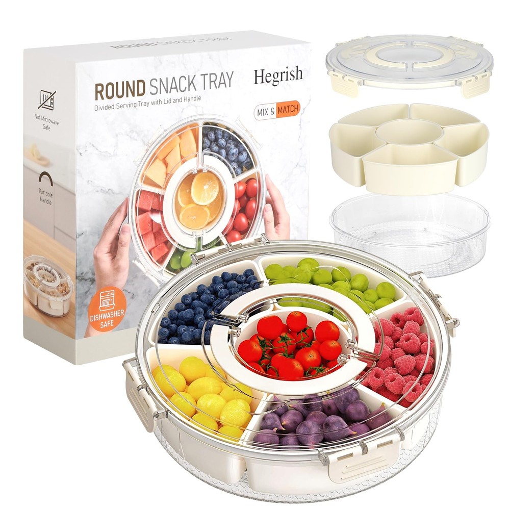Divided Rotating Snack Tray with Lid and Handle – Portable Snack Container  