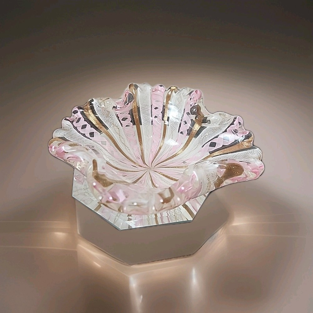 Vintage Murano Pink Glass Bowl Candy Dish Pink Ribbon Gold And White