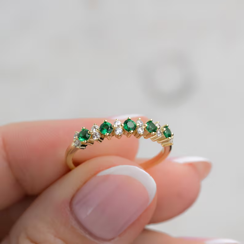 Round Cut Simulated Emerald 2.32Ct Eternity Band Ring 925 Yellow Sterling Silver