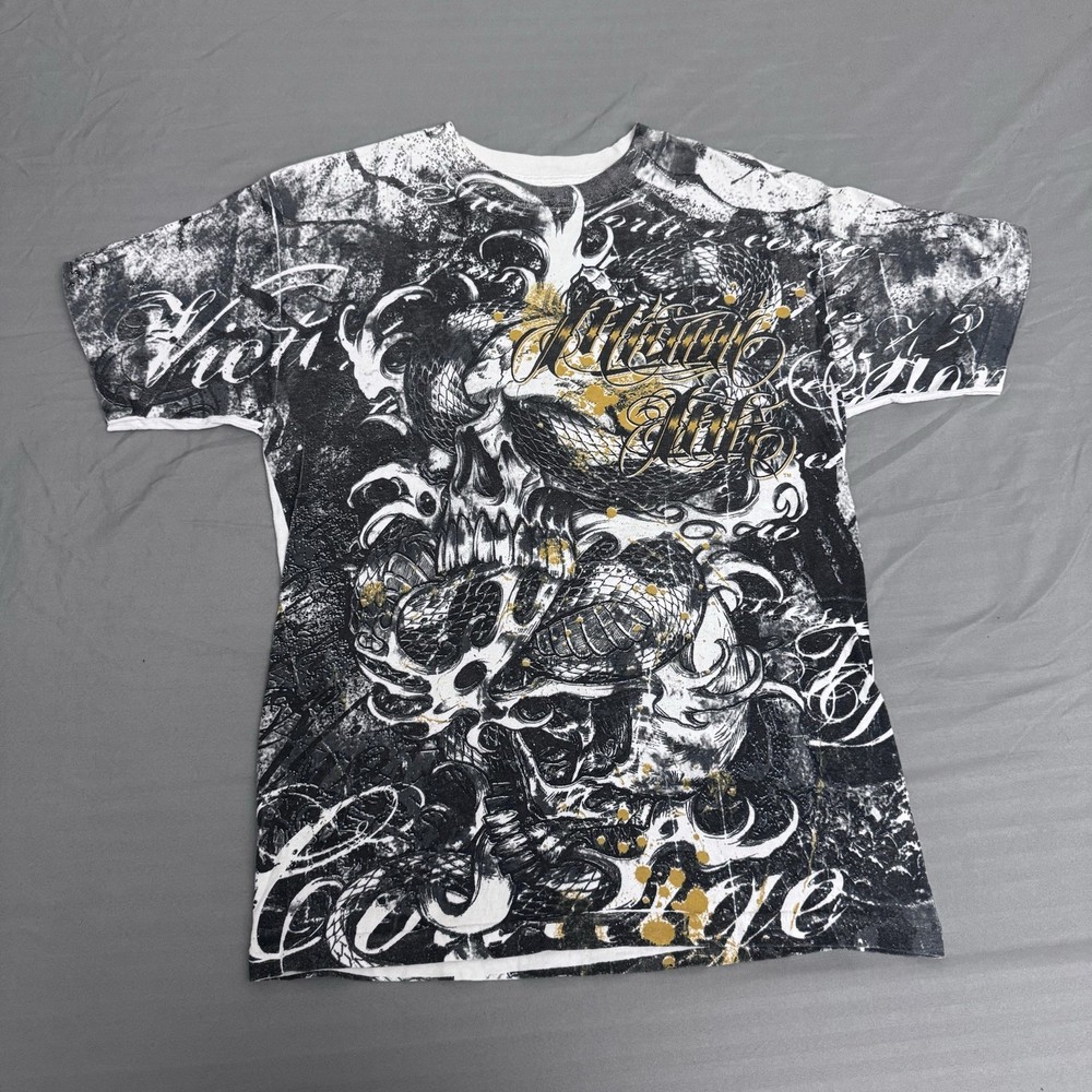 Vintage Miami Ink shirt mens M y2k grunge all over print skull tattoo skate emo