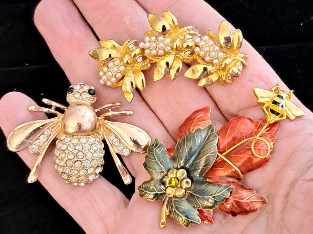 Vintage Rhinestone Bee Brooch Pin Lot Of 3 Wasp Pearl Enamel  Insects