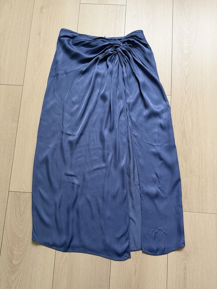 Zara A-Line Midi Skirt Blue Satin Ruched Zip Closure Women's Size S Regular