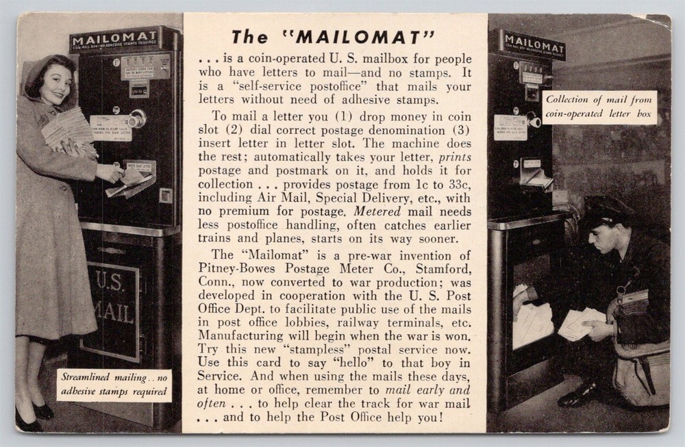 The Mailomat Coin Operated US Mailbox Pre War Postage Meter C1940s Postcard AK4