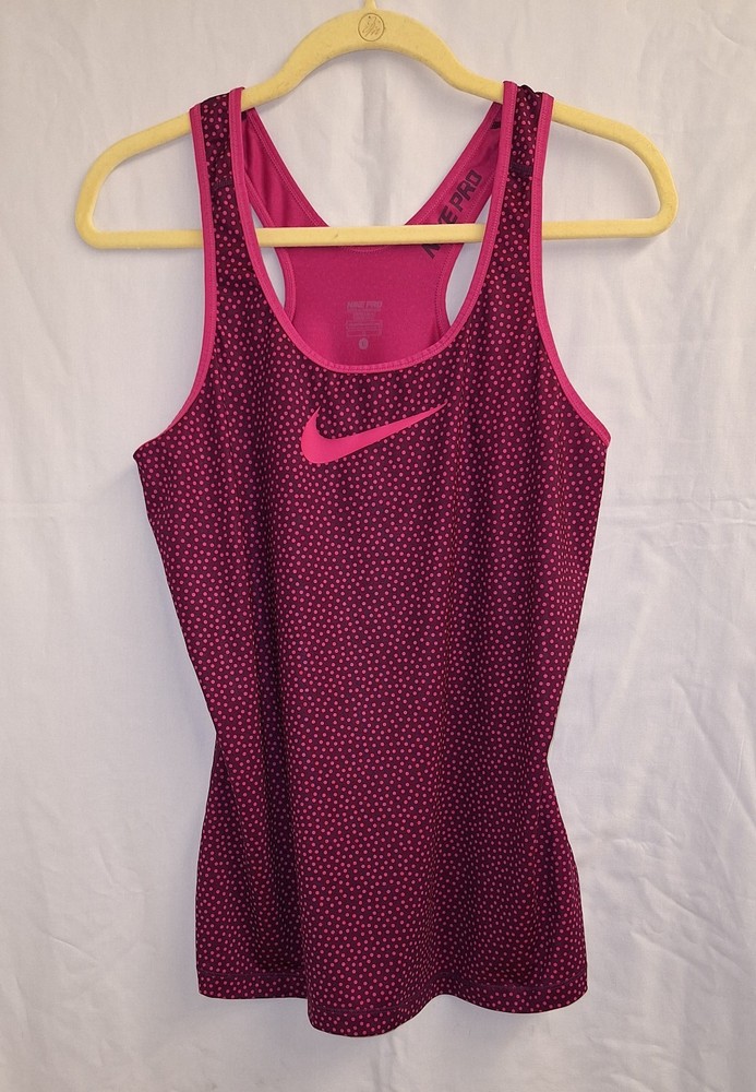 Nike Pro Tank Top Womens Large Pink Polka Dot Racerback Center Swoosh Dri Fit