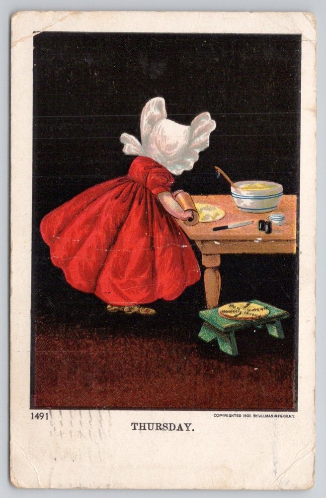 1907 Ullman Mfg Co Postcard Little Red Riding Hood Baking Thursday