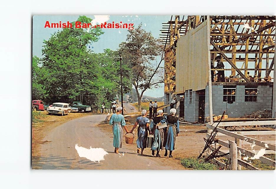 Postcard Amish Barn Raising Pennsylvania USA
