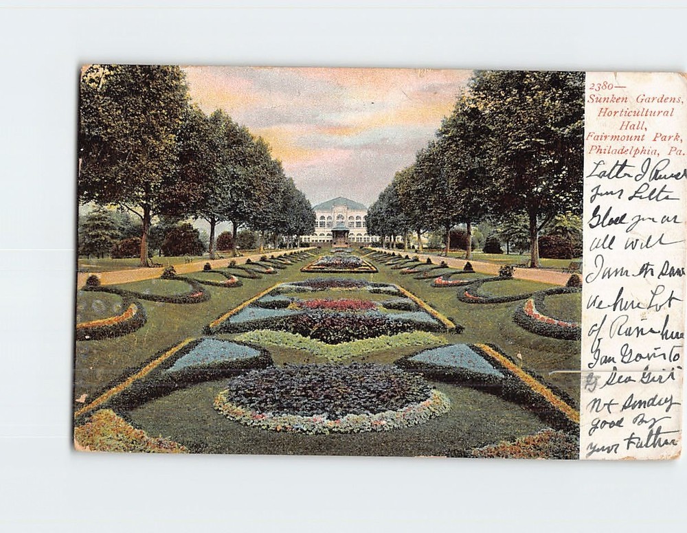 Postcard Sunken Gardens Horticultural Hall Fairmount Park Philadelphia PA