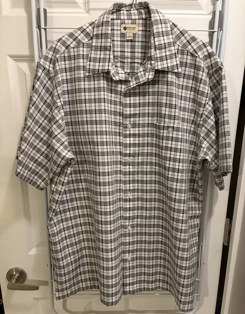 Haggar Men's L Regular Fit White Gray Black Plaid Polyester Short Sleeve Pocket