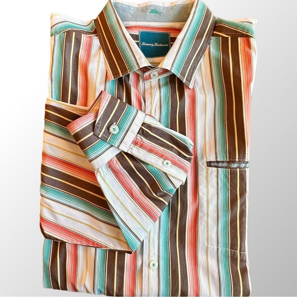Tommy Bahama Shirt Men's XXL Multi  Stripe Silk Blend Button Front