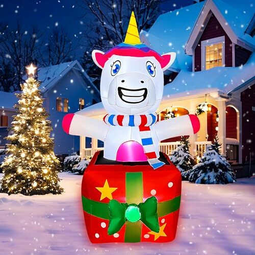 5 Ft LED Inflatable Christmas Unicorn Siting on Gift Box Xmas Decoration for