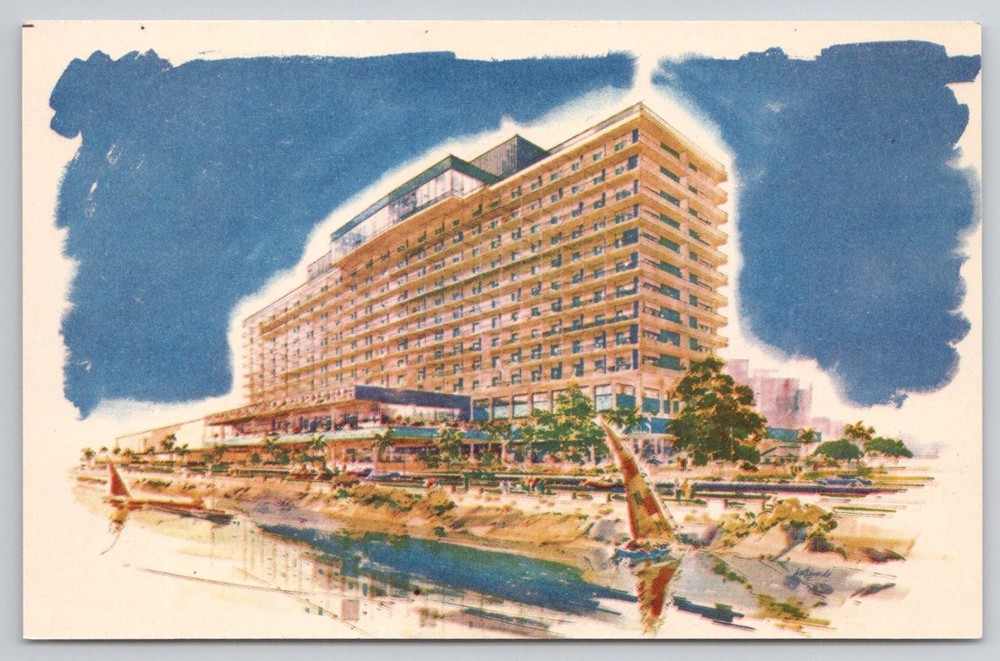 Nile Hilton Hotel Cairo Egypt UAR Vintage Postcard Illustrated Art 1960s