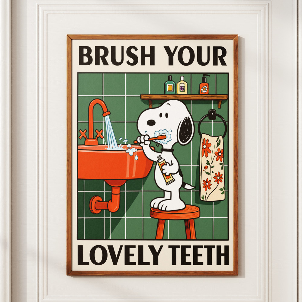 Snoopy Brush Your Lovely Teeth Poster Cute Bathroom Art Print Retro Wall Decor