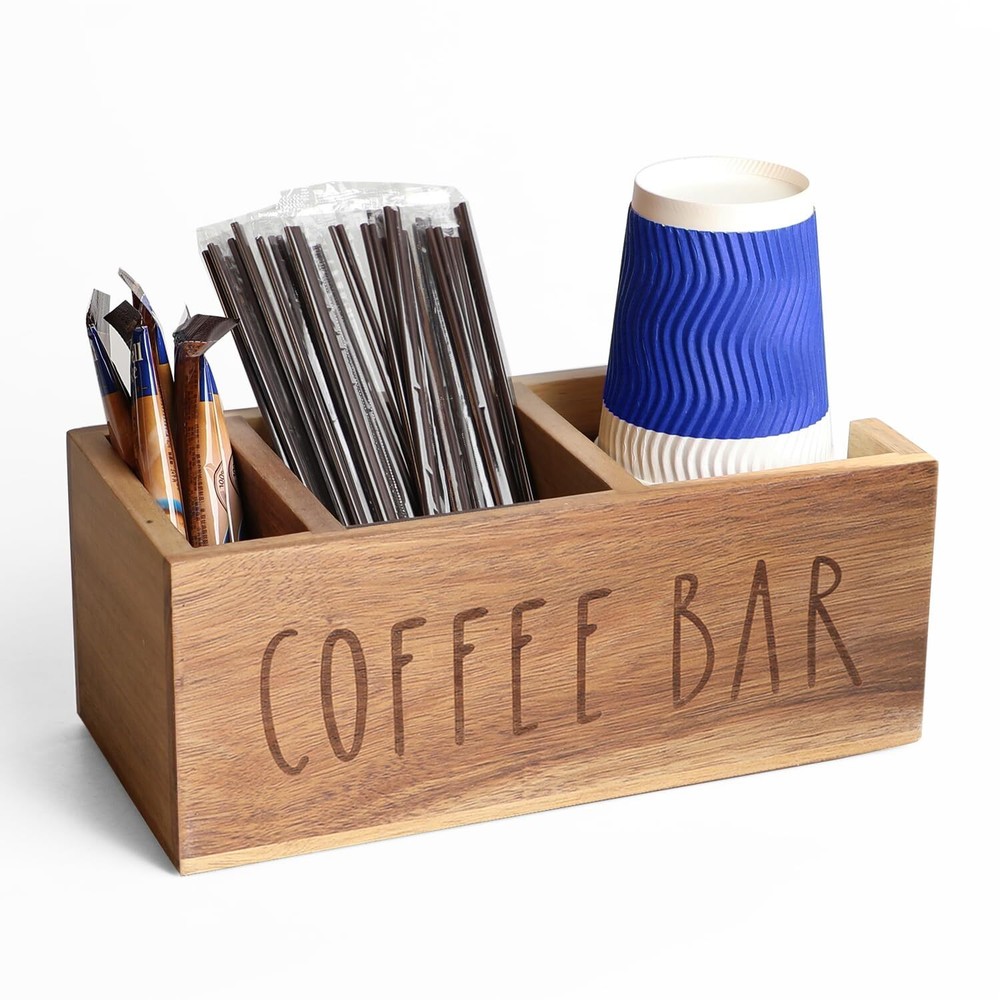 Acacia Wood Coffee Bar Station Organizer,Coffee Station Organizer for Cup Lid...-image