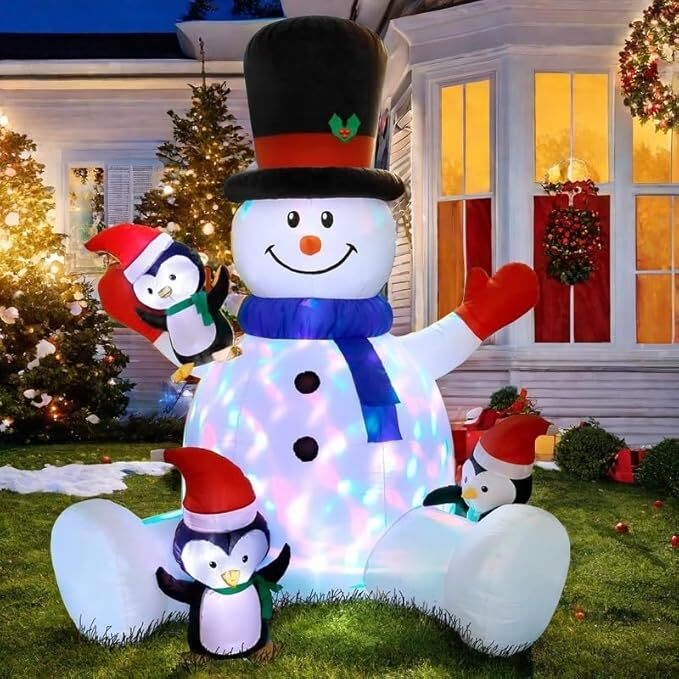 7FT Christmas Inflatable Snowman with 3 Penguins, Blow up Outdoor Decorations