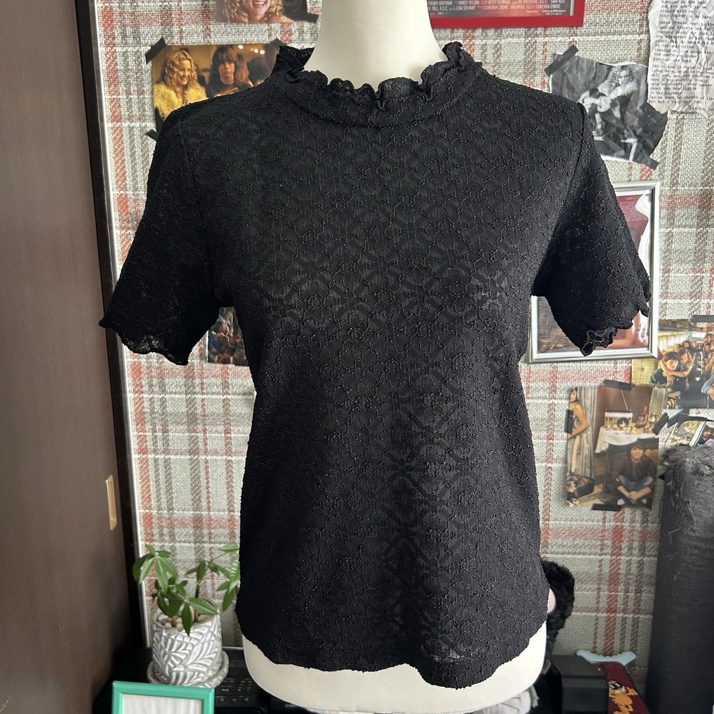 Gothic Darkcore Top Black Floral Total Lace Sheer Mesh Mellow Frill Short Sleeve