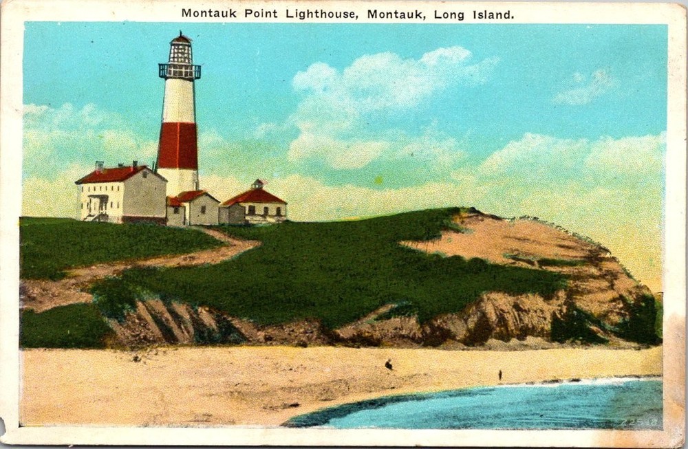 Montauk Point Lighthouse Long Island Linen Postcard A. Biren NY Vintage