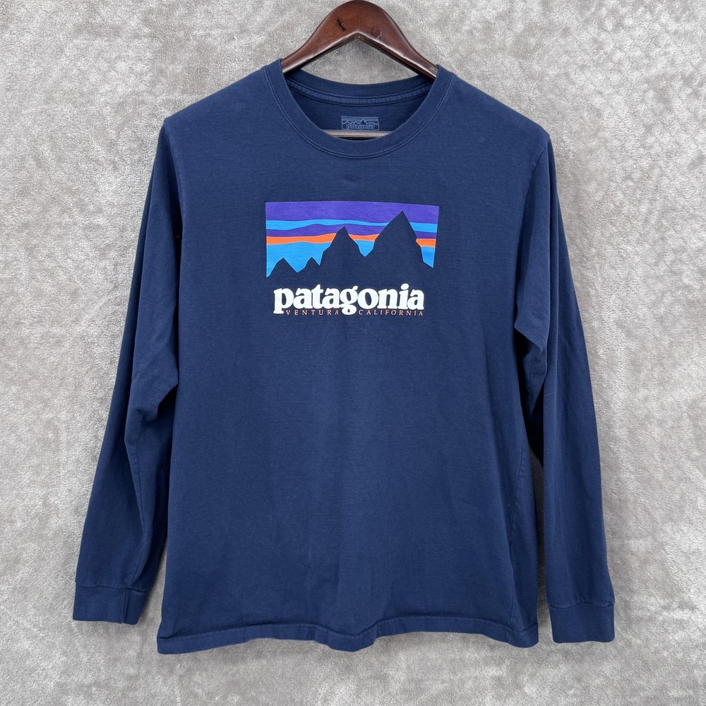 Patagonia Shirt Mens Medium Blue Long Sleeve Organic Cotton Logo Graphic Tee