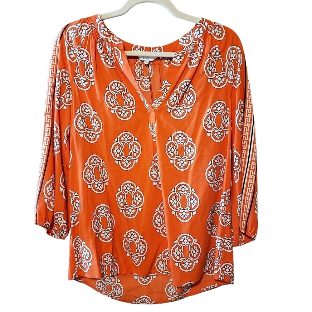 Crown & Ivy Womens Printed Boho Blouse With 3/4 Sleeves & Elastic Cuffs SIze S