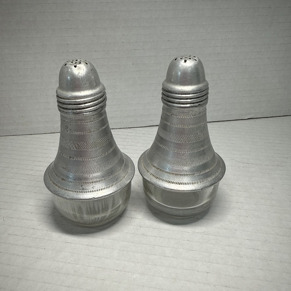 Vintage MCM Atomic Etched Aluminum Top Glass Bottom Salt and Pepper Shakers Set
