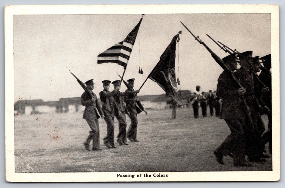 Military~Army Parade~Passing Of The Colors~Flags~B&W~Vintage Postcard