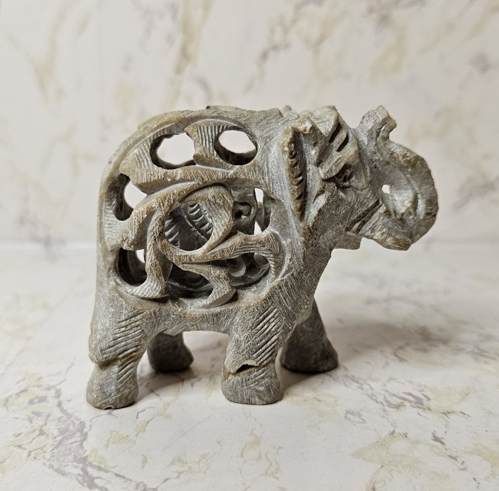 Hand Carved Elephant with Baby Inside Double Elephant Figure Soap Stone 2