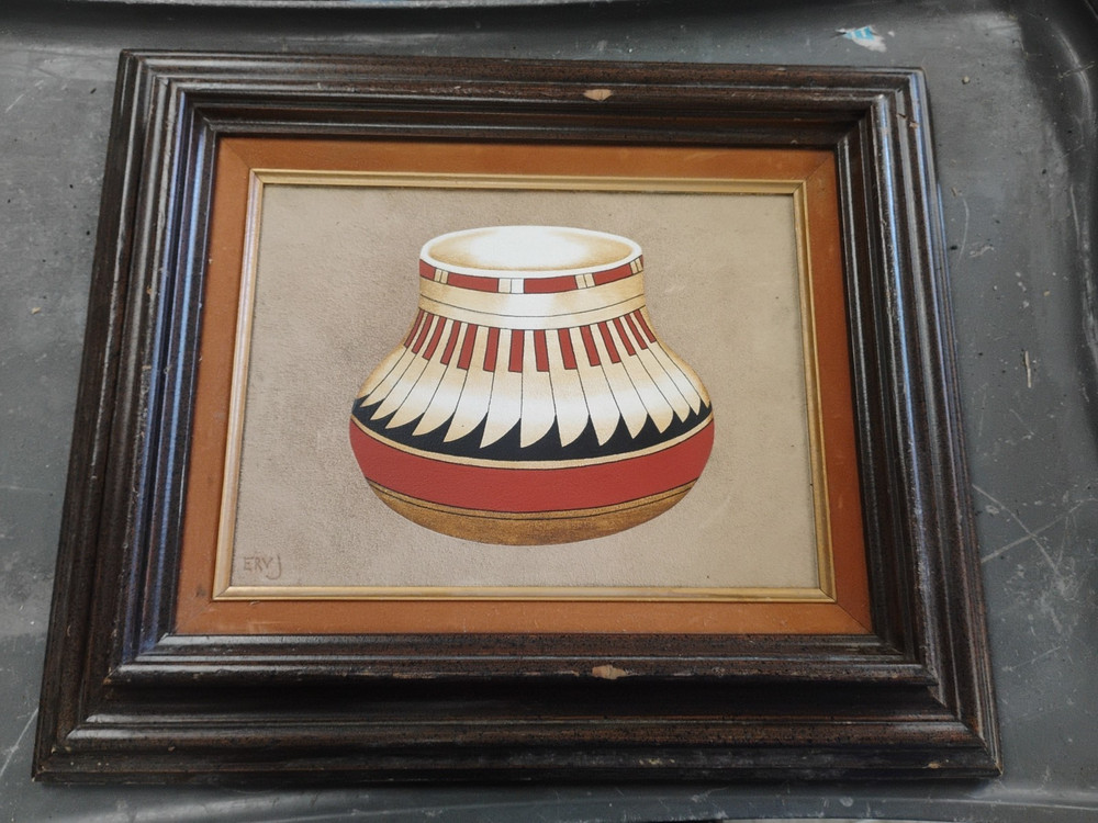 painting on suede by listed artist Erv Johnson depicting Native American pottery