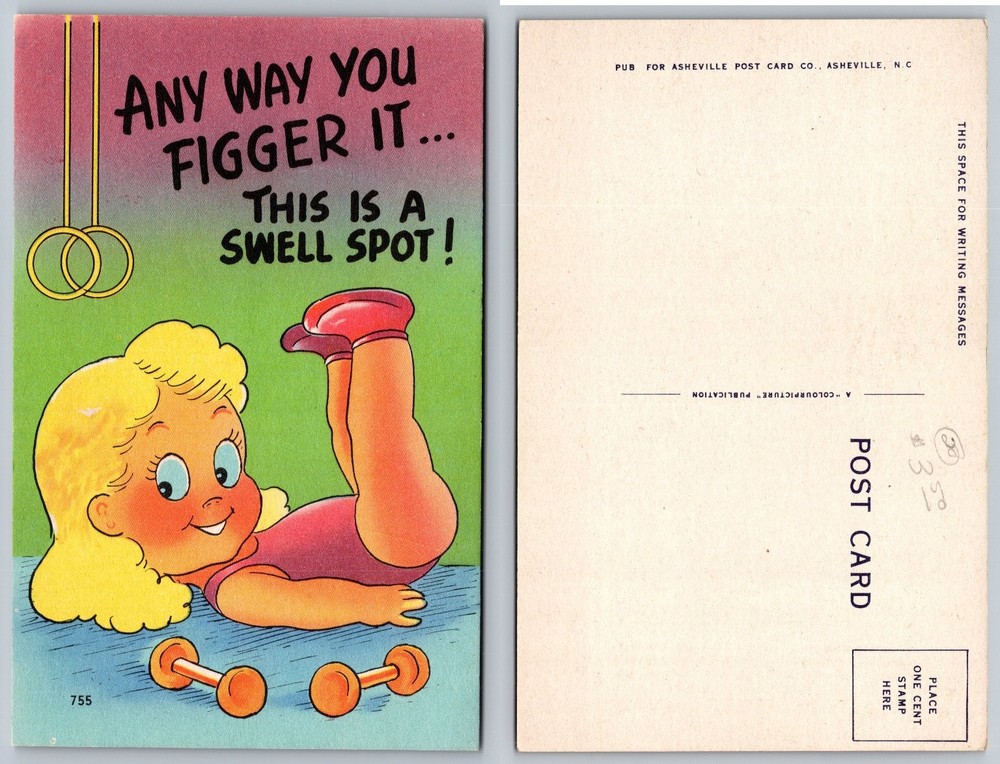 Vintage Asheville NC Postcard Cartoon Girl Gym Exercise Funny Slogan